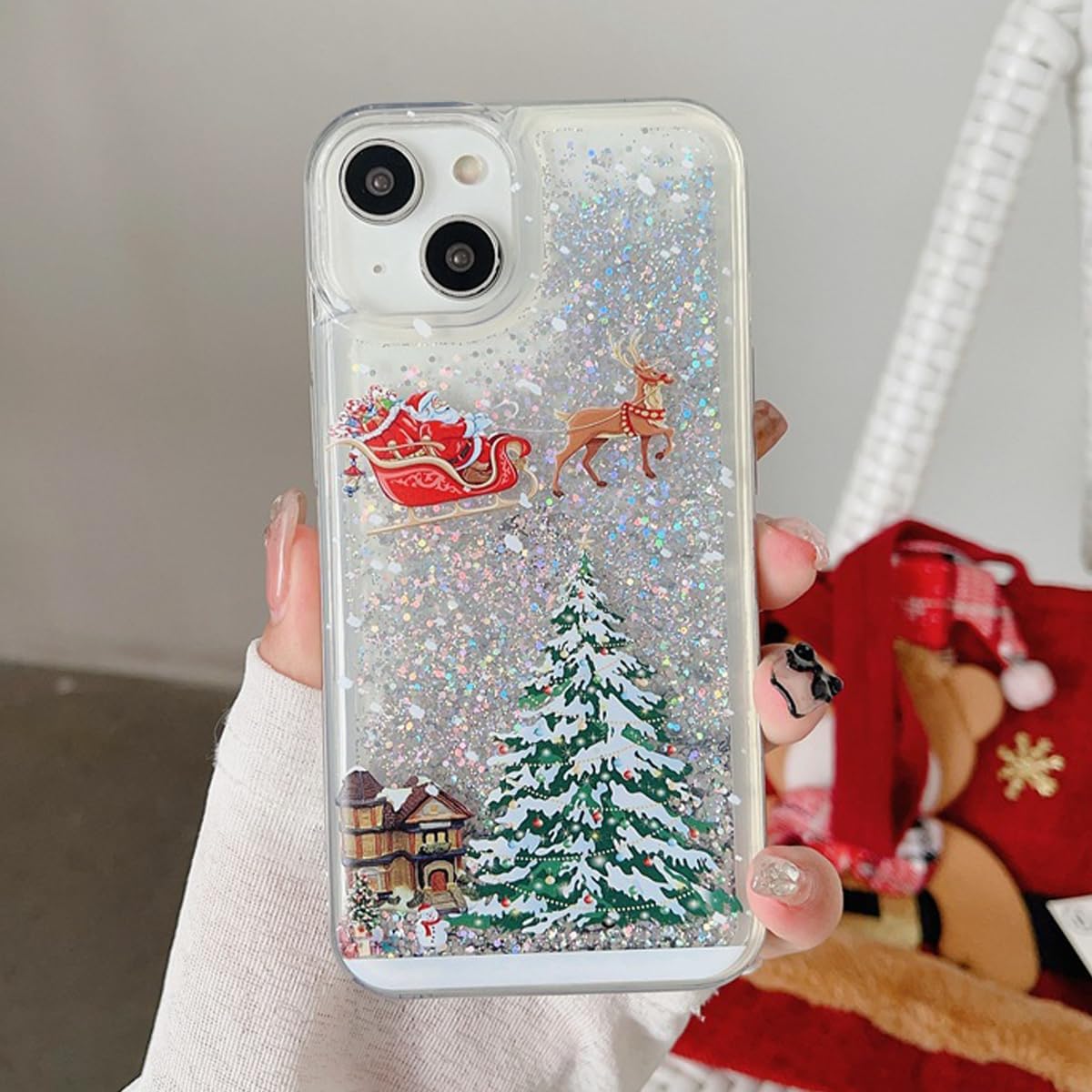 Glitter Christmas Case for iPhone 17 Glitter Case Christmas Tree Clear Floating Flowing Moving Bling Snowman Santa Elk Tree Women Cute Liquid Holiday Case for iPhone 17, Silver
