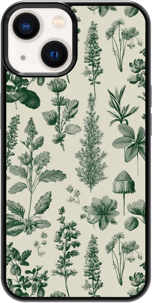 Elegant Forest Green Botanical Leaf and Plant Illustration Phone Case, Shockproof Protective Cover for iPhone 11 12 13 14 15 16 17 Pro Max Plus Mini XR 7 8 SE
