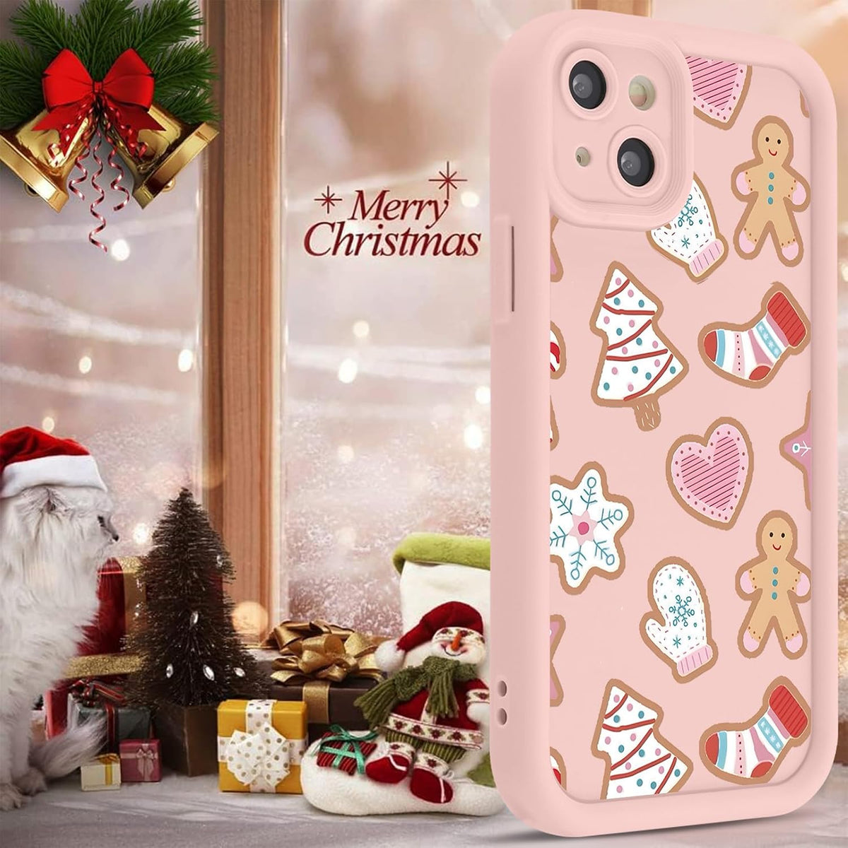 Christmas Phone Case for iPhone 14 6.1", Cute Christmas Tree Gingerbread Man Snowflake Pattern Gifts Case, Pink Aesthetic Protective Shockproof Silicone Cover for Women Girls Men -Pink Snowflakes
