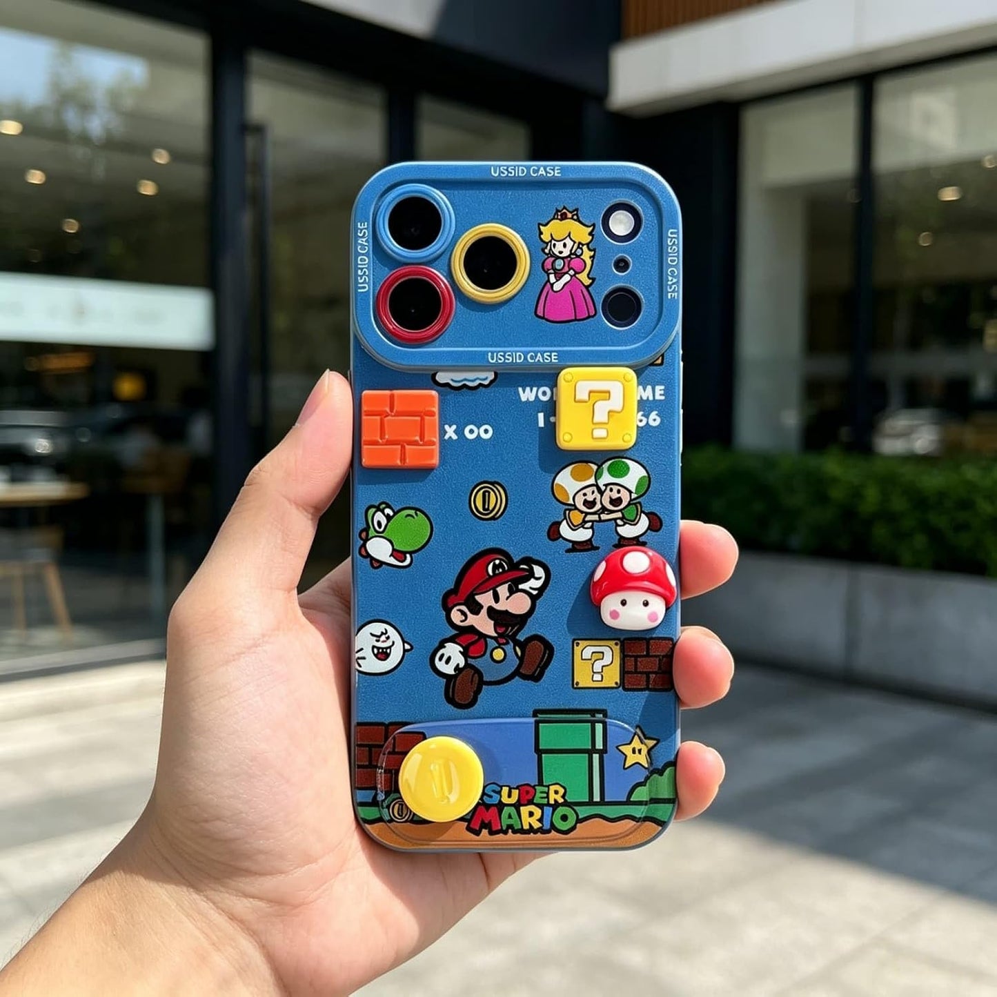 Mario Phone Case for iPhone 17 Pro Max with Mario Beaded Strap & Flip Mirror Kickstand, Cute Cartoon Shockproof Protective Cover with Peach Princess & Mushroom 3D Design (17pm)