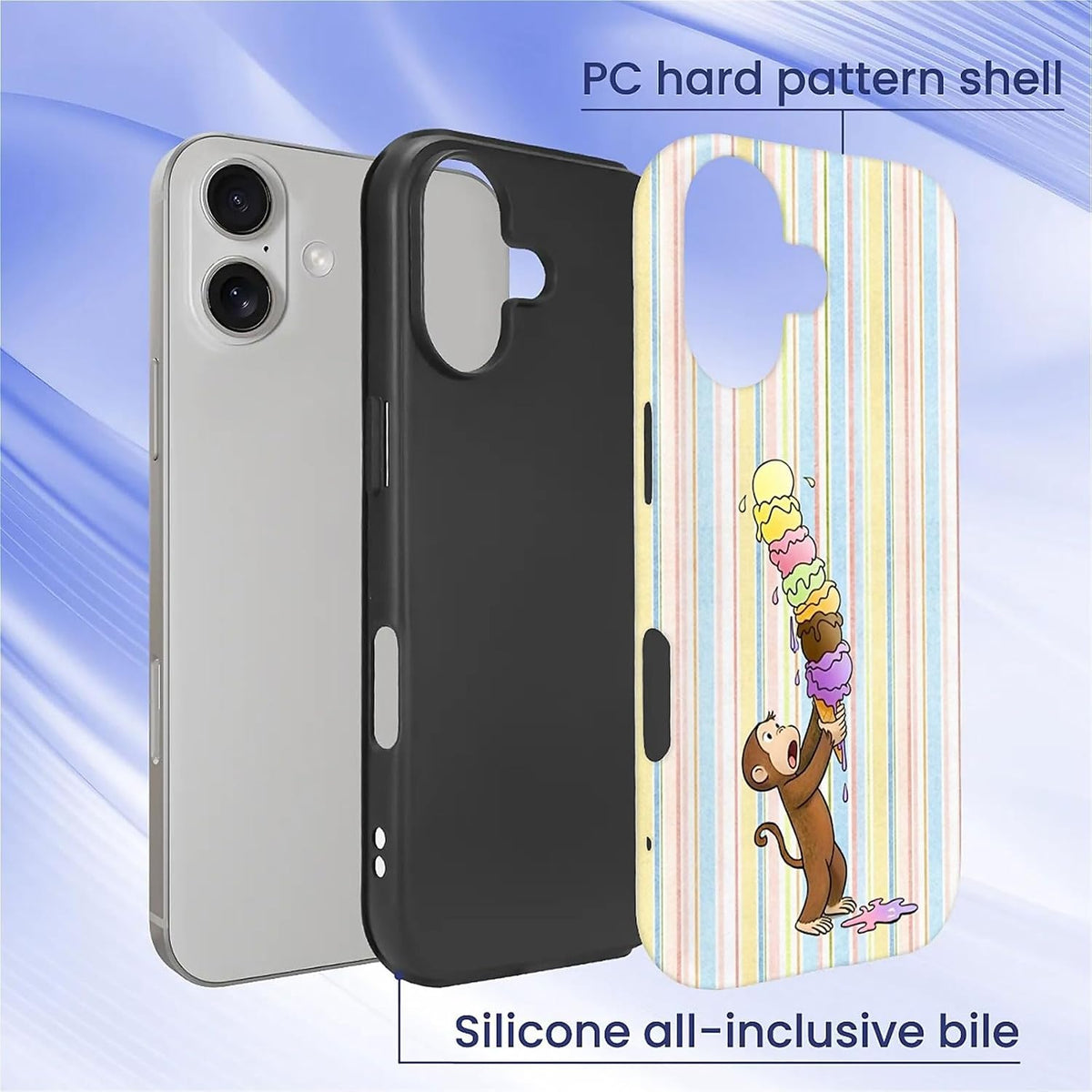 Case Compatible with iPhone 17, Girl Hybrid 2-Layer Hard Shell + Silicone Protective Case -Scratch-Resistant Shockproof - Colorful Stripes A Monkey Eating Ice Cream