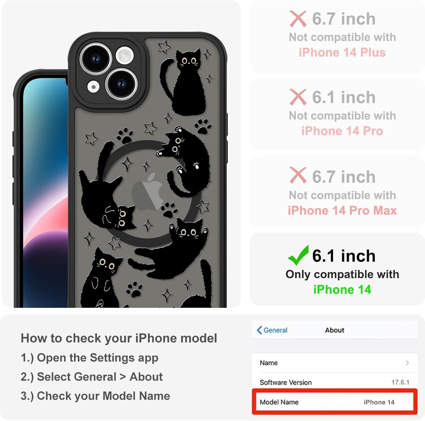 Cute Magnetic Case for iPhone 14 Case, Black Cats Pattern | Compatible with MagSafe, Soft Bumper Hard Back Kawaii Animal Aesthetic Protective Phone Cover Design for Women Girls Boys