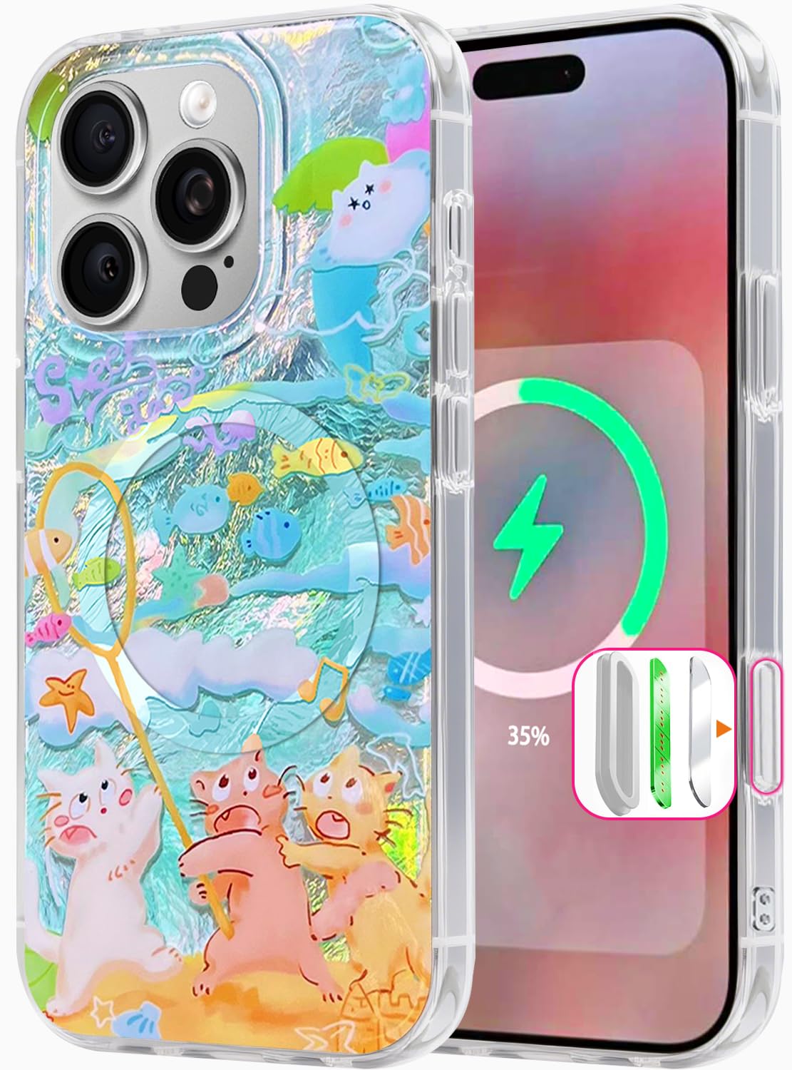 Compatible with iPhone 17 Case,with [Soft Slim][Camera Protection] Cute Fishing Cats Shiny Aesthetic Phone Cover Anti-Yellowing Shockproof Protective Cover for Women Girl