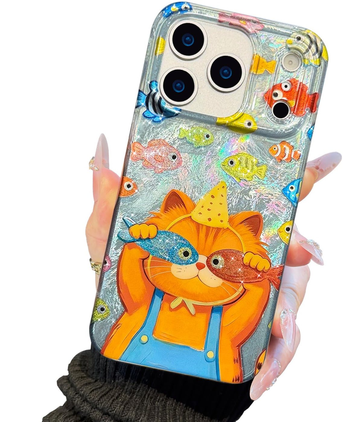 Compatible with iPhone 17 Case,with [Soft Slim][Camera Protection] Cute Fishing Cats Shiny Aesthetic Phone Cover Anti-Yellowing Shockproof Protective Cover for Women Girl