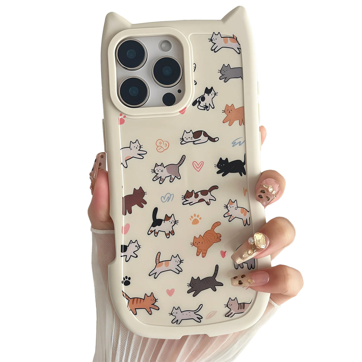 for iPhone 13 Phone Case, Cute 3D Cat Ears and Vintage Hand-Drawn Multi-Cats Heart Cartoon Pattern, with Cat Paw Buttons, Trendy Shockproof Soft Protective Phone Cover, Cat Ears