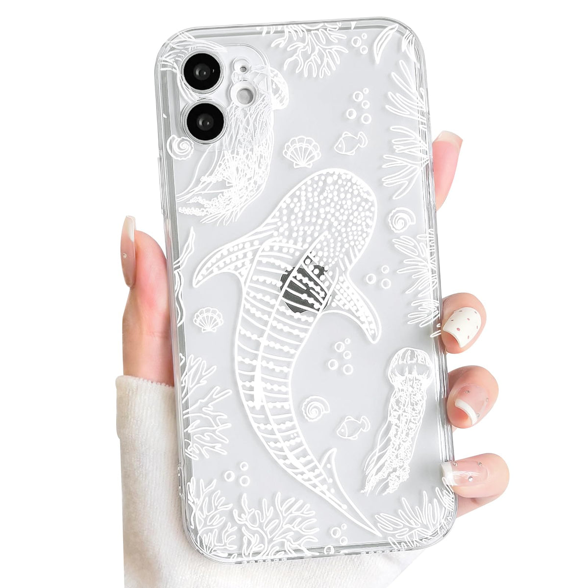 NITITOP Compatible with iPhone 16 Case Clear Sea - White Fish | Cute, Shell whale ocean animal, For women men girls boys, Slim, Soft TPU, Shockproof