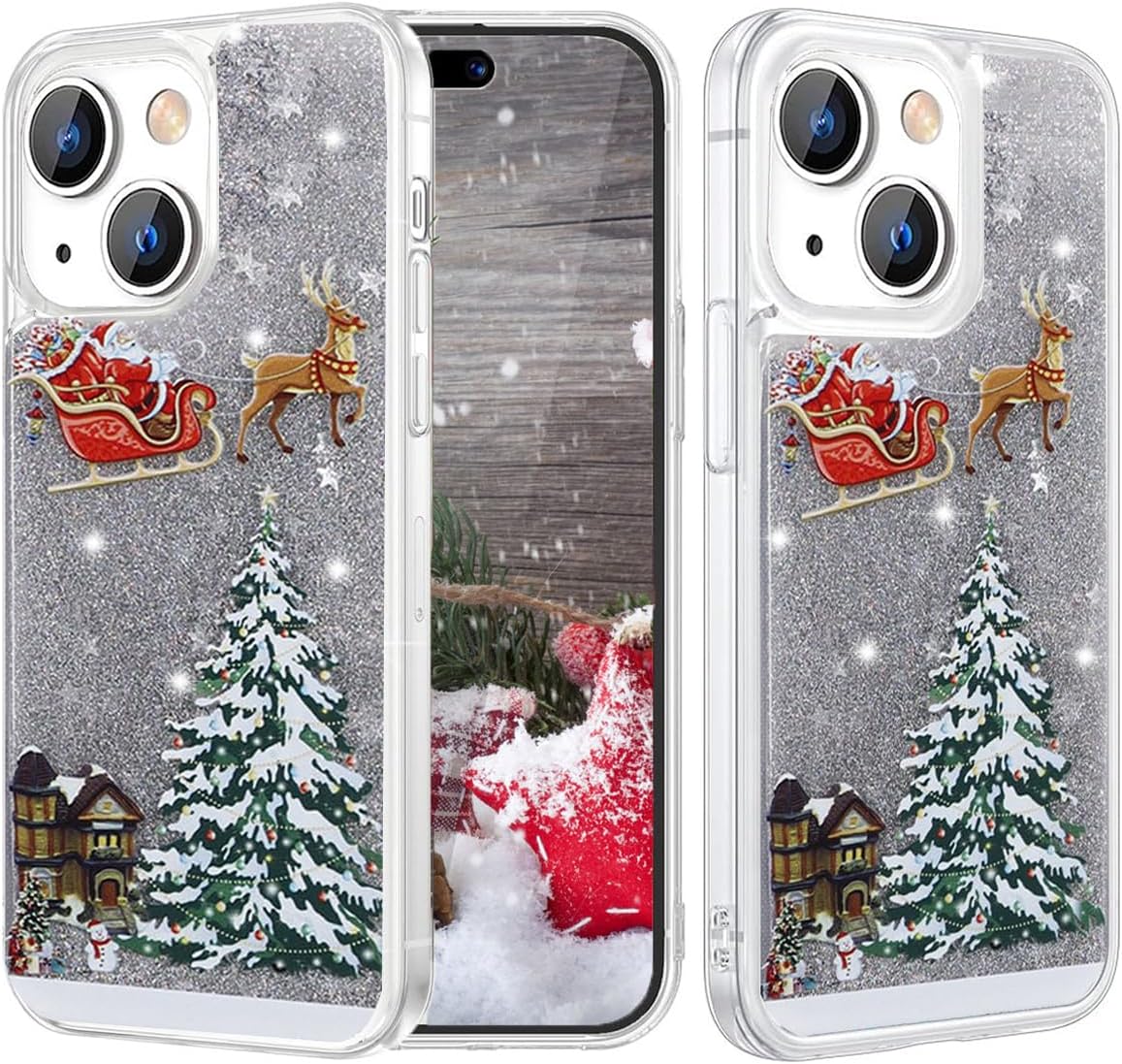 Changjia Glitter Christmas Case for iPhone 13, Cute Christmas Tree Santa Elk Liquid Flowing Floating Moving Bling Sparkle Clear TPU Bumper Shockproof Women Girls Phone Case for iPhone 13 6.1" (Silver)