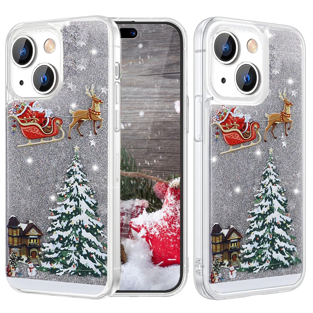 Changjia Glitter Christmas Case for iPhone 13, Cute Christmas Tree Santa Elk Liquid Flowing Floating Moving Bling Sparkle Clear TPU Bumper Shockproof Women Girls Phone Case for iPhone 13 6.1" (Silver)