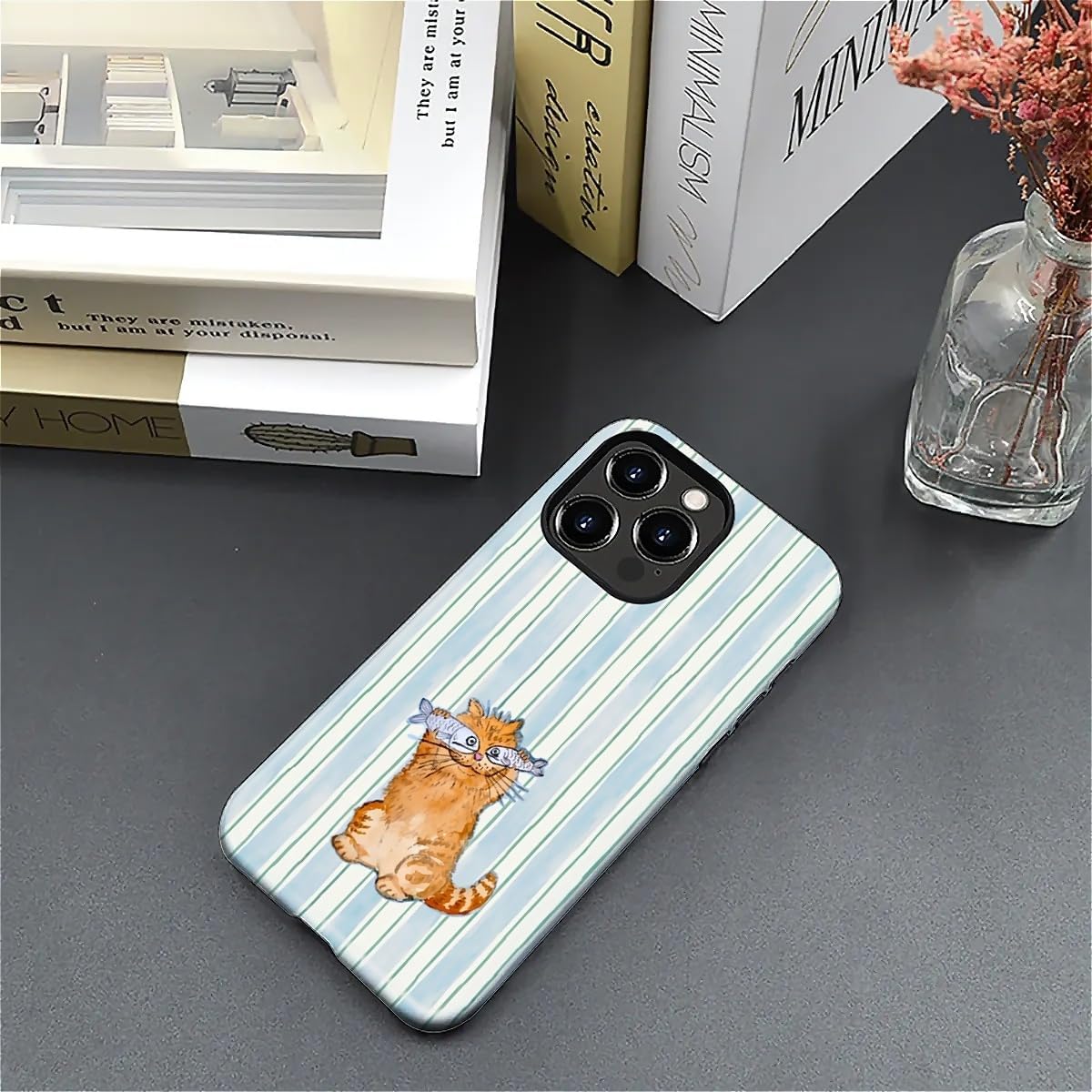 for iPhone 15 Pro Case,Hybrid 2-Layer Hard Shell + Silicone Protective Case -Resistant Shockproof- A Naughty Cat with Blue Stripes Eating Fish