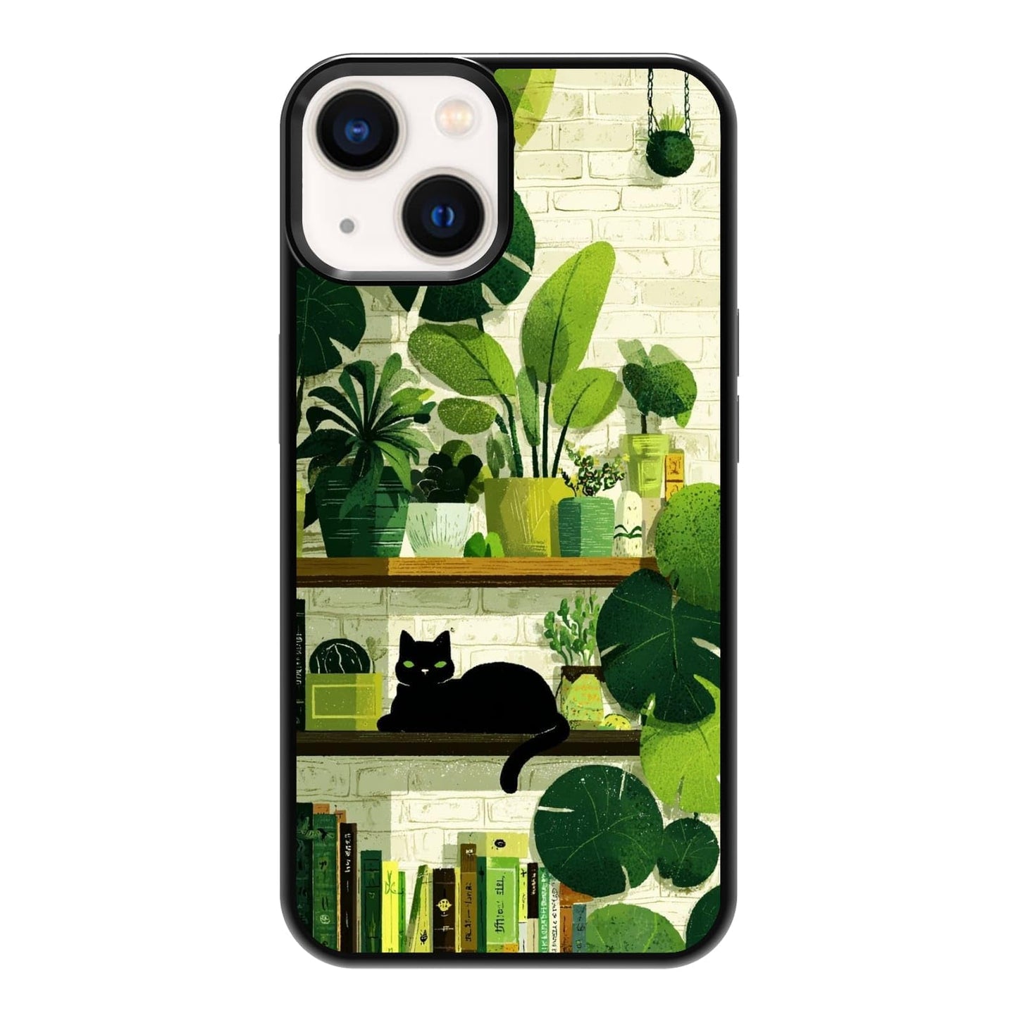 Black Cat Indoor Jungle Potted Plants Bookshelf Dark Green Botanical Urban Forest Phone Case, Shockproof Protective Cover for iPhone 11 12 13 14 15 16 17 Pro Max Plus Mini XR 7 8 SE