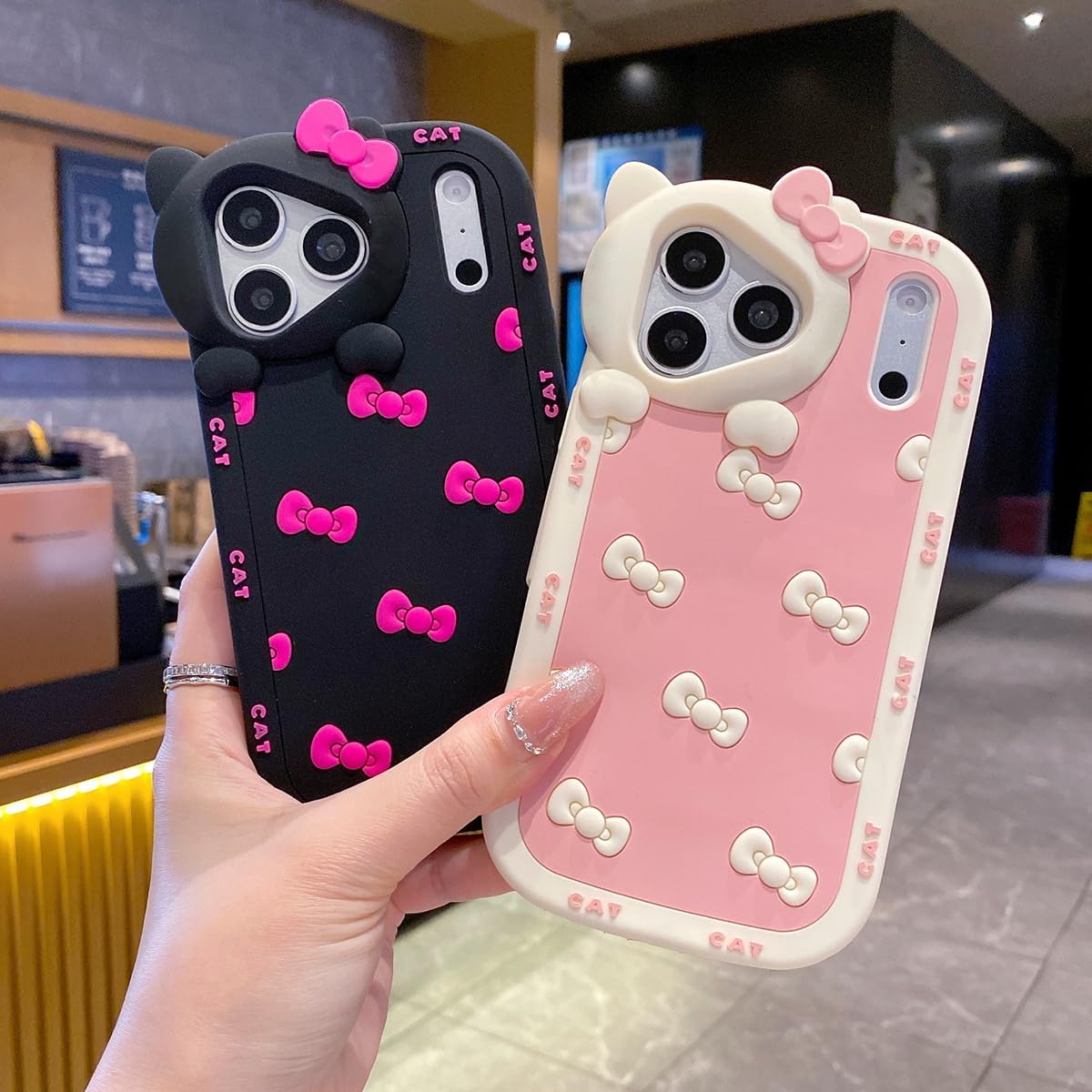 Cute Case for iPhone 17 Pro Max 6.9'', Black Kawaii Funny 3D Bow Cartoon Silicone Cat Phone case, Soft Shockproof Classic Protective Cover for Women Girls, and Kids