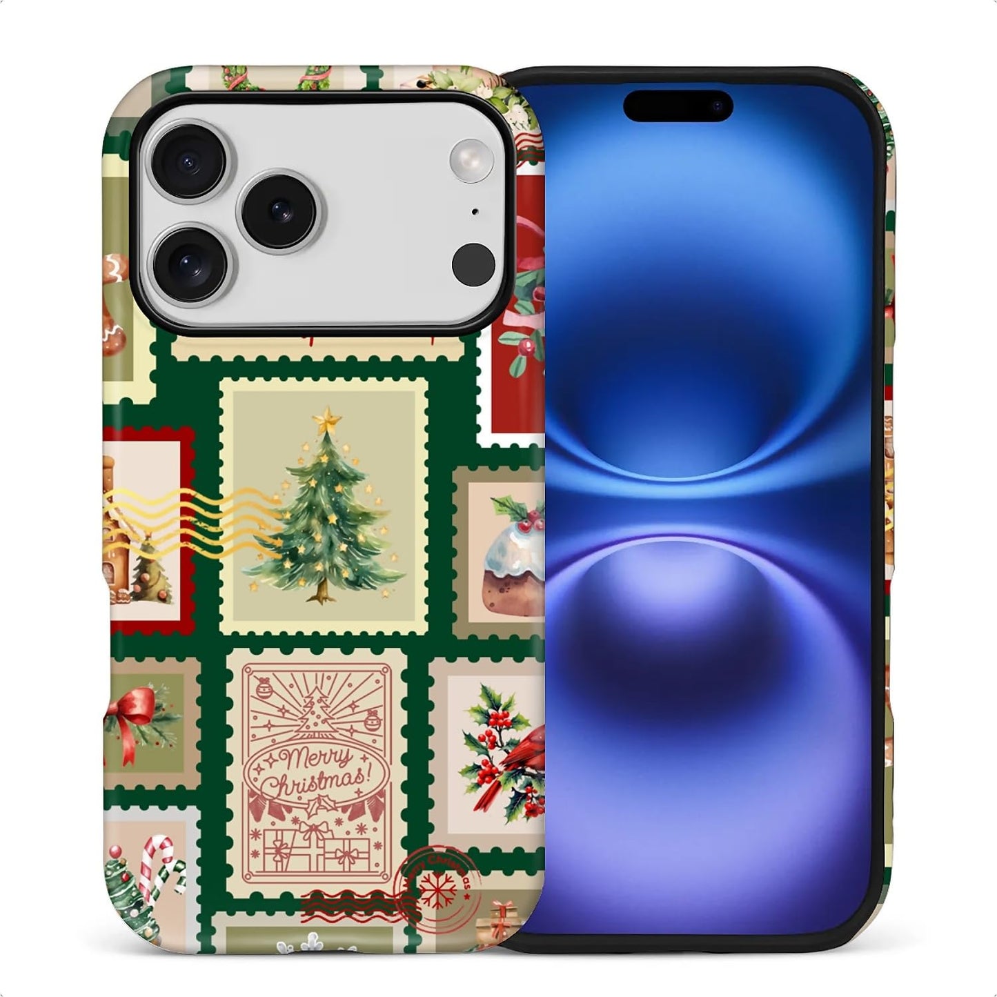 Case for iPhone 17,Drop Protection Hybrid 2-Layer Hard Phone Cover-Vintage Christmas Stamps Collage