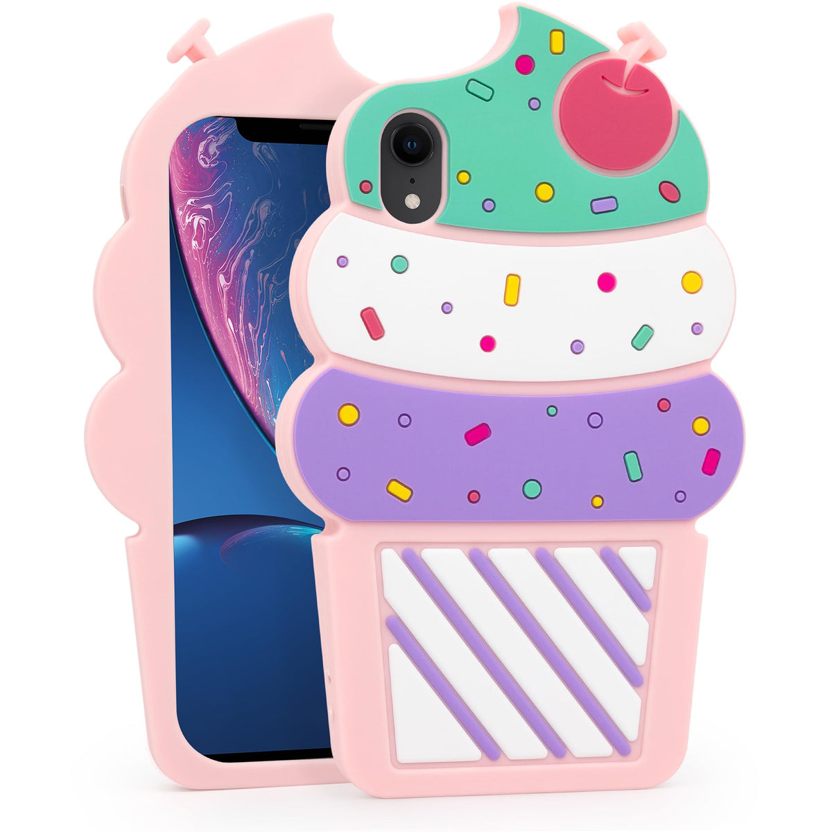 Dumkery Cute iPhone 13 Case, Ice Cream iPhone 14 Case, Funny 3D Cartoon Cupcakes Soft Silicone Shockproof Cases Cover Skin for Girls Women