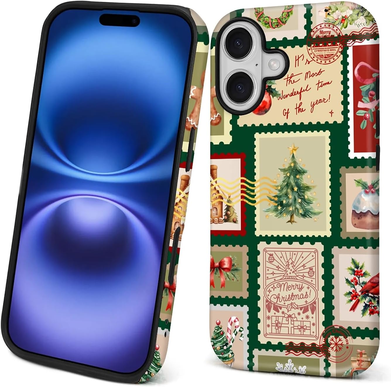 Case for iPhone 17,Drop Protection Hybrid 2-Layer Hard Phone Cover-Vintage Christmas Stamps Collage