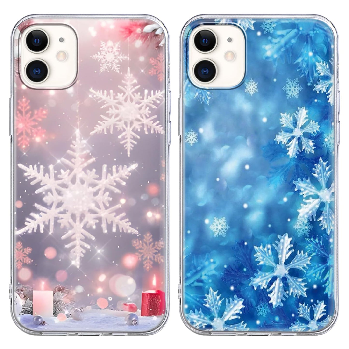 Christmas 2 Pack for iPhone 14/13 Phone Cases, Cute Case with Snowflake Printed Pink Blue Pattern Clear Soft Aesthetic Design Funda Flexible Ultra-Thin Girly Protective Women Cover