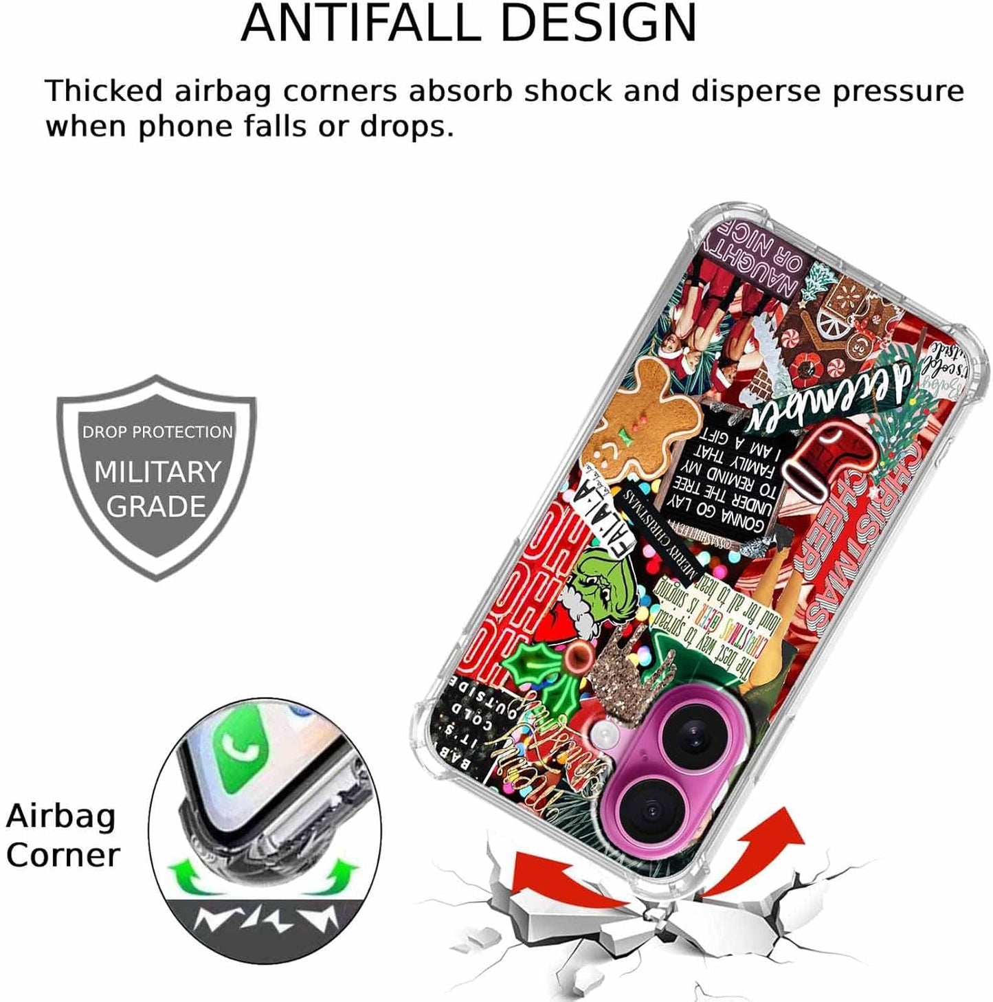 Christmas Aesthetic Case for iPhone 16,Winter Holiday Elements Collage Case for Kids,Soft TPU Bumper Case Compatible with iPhone 16,6.1"