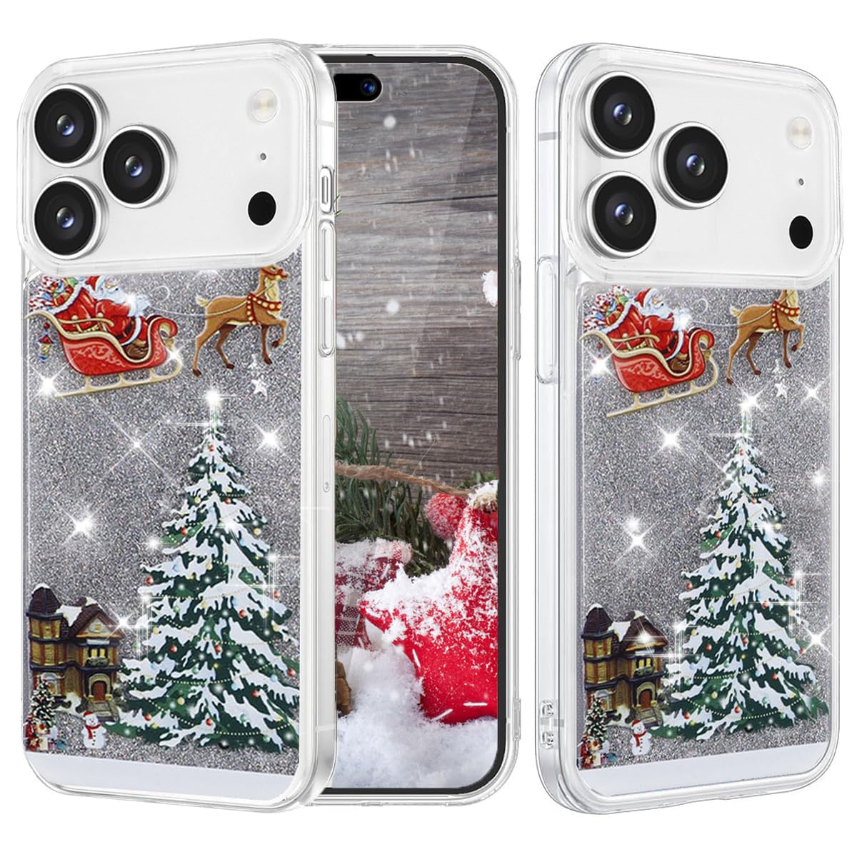 Changjia Glitter Christmas Case for iPhone 17, Cute Christmas Tree Santa Elk Liquid Flowing Floating Moving Bling Sparkle Clear Bumper Shockproof Women Girls Slim Phone Case for iPhone 17 6.3", Silver