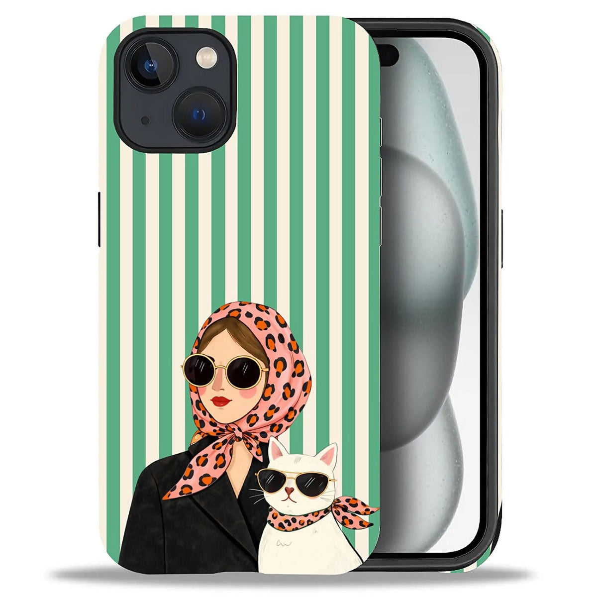 for iPhone 15 Pro Case,Hybrid 2-Layer Hard Shell + Silicone Protective Case -Resistant Shockproof- A Naughty Cat with Blue Stripes Eating Fish