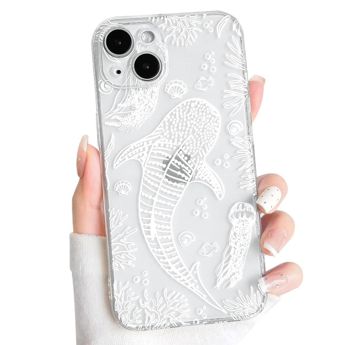 NITITOP Compatible with iPhone 15 Case Clear Sea - White Turtle | Cute, Shell whale ocean animal, For women men girls boys, Slim, Soft TPU, Shockproof