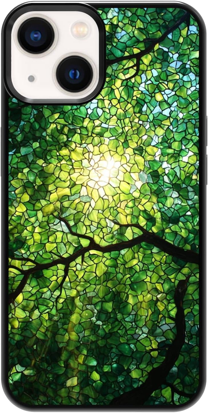 Nature Stained Glass Green Forest Tree Sunlight Phone Case, Shockproof Protective Cover for iPhone 11 12 13 14 15 16 17 Pro Max Plus Mini XR 7 8 SE