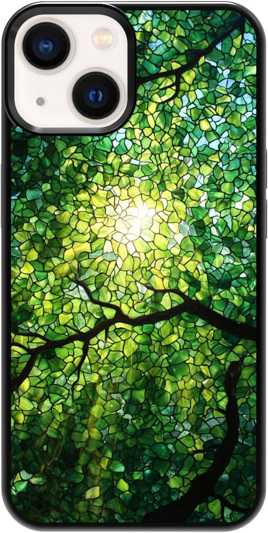 Nature Stained Glass Green Forest Tree Sunlight Phone Case, Shockproof Protective Cover for iPhone 11 12 13 14 15 16 17 Pro Max Plus Mini XR 7 8 SE
