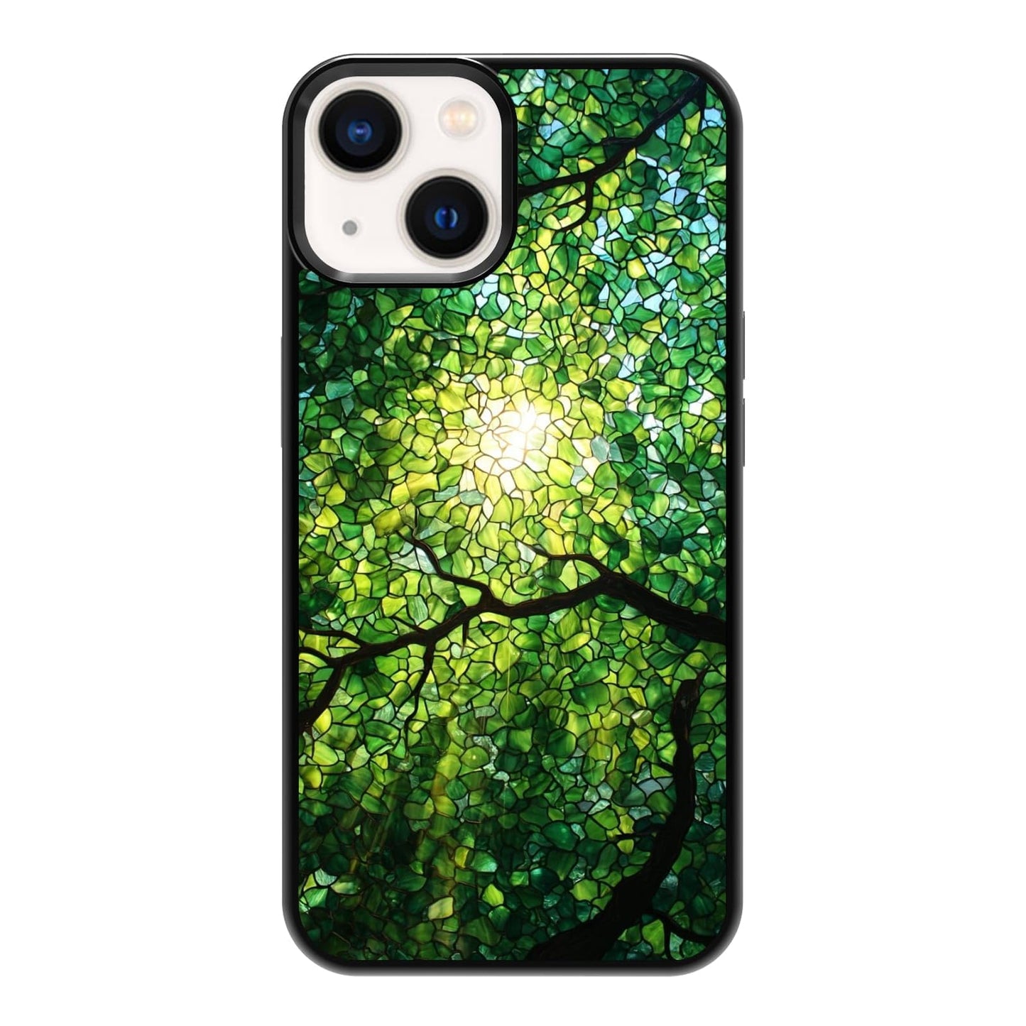 Nature Stained Glass Green Forest Tree Sunlight Phone Case, Shockproof Protective Cover for iPhone 11 12 13 14 15 16 17 Pro Max Plus Mini XR 7 8 SE