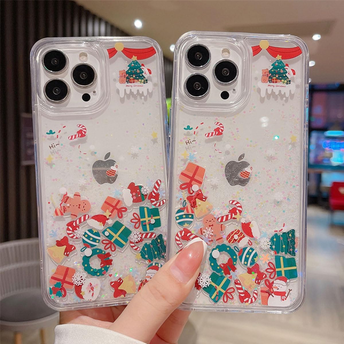 Glitter Flowing Liquid Christmas Case for iPhone 16 Christmas Pattern Santa Reindeer Snowman Holiday Design Floating Moving Sparkle Bling Glitter Transparent for iPhone 16 (Clear)
