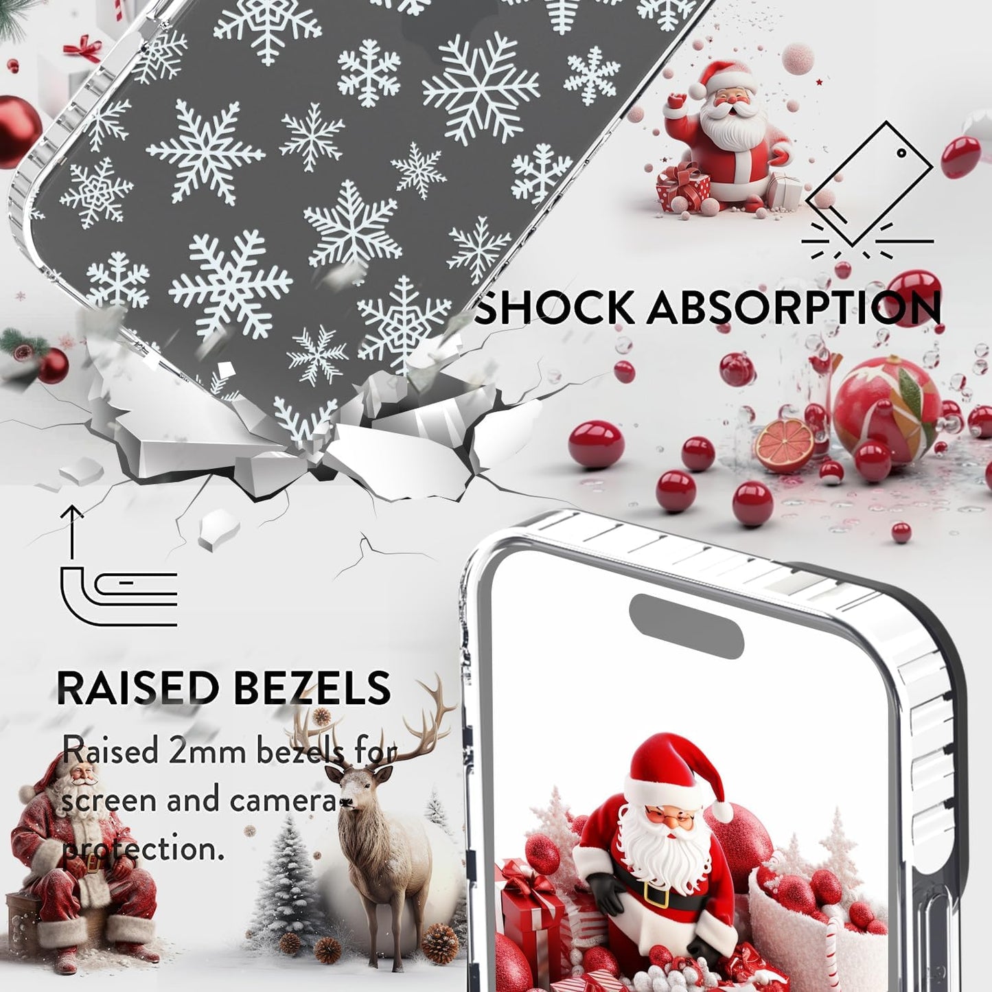 Christmas Phone Case Compatible for iPhone 16 Snowflake Case Clear TPU + Black Camera Frame Protection Winter Phone Cover for Women