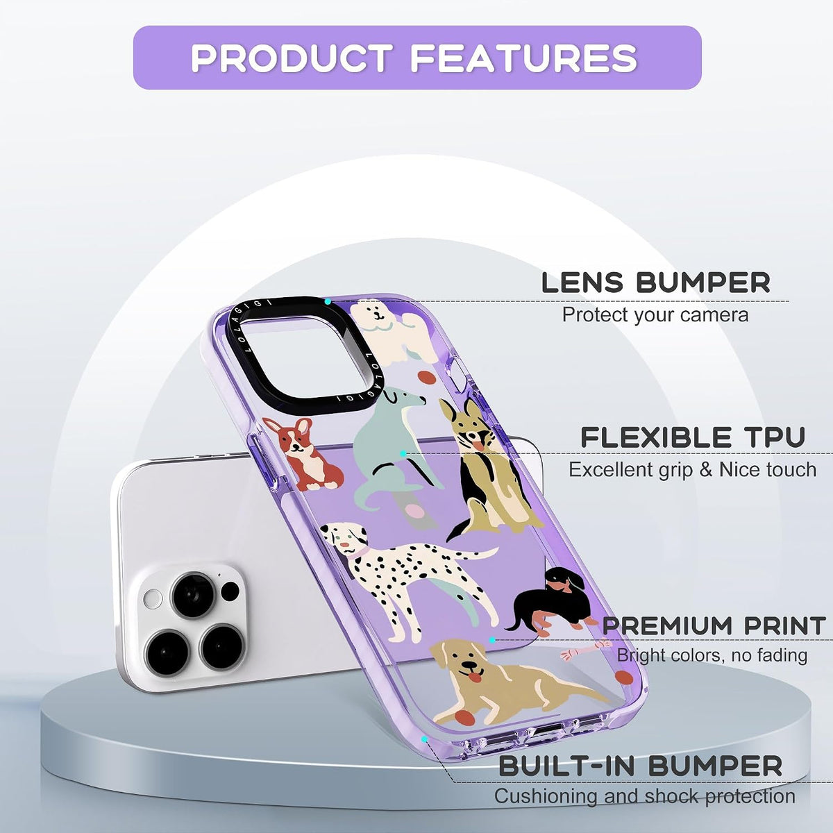 Case for iPhone 16 Pro Max Purple Cute Puppy Dog Animal Print | Kawaii Aesthetic Girly Design, Supports Wireless Charging, Shockproof Protection Soft TPU Phone Cover, 6.9"