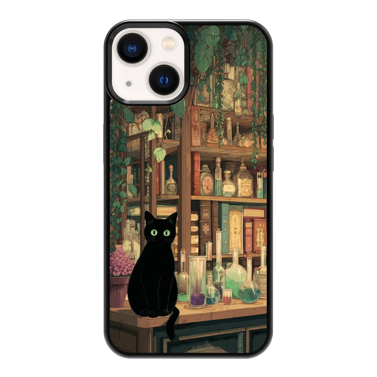 Black Cat Indoor Jungle Potted Plants Bookshelf Dark Green Botanical Urban Forest Phone Case, Shockproof Protective Cover for iPhone 11 12 13 14 15 16 17 Pro Max Plus Mini XR 7 8 SE
