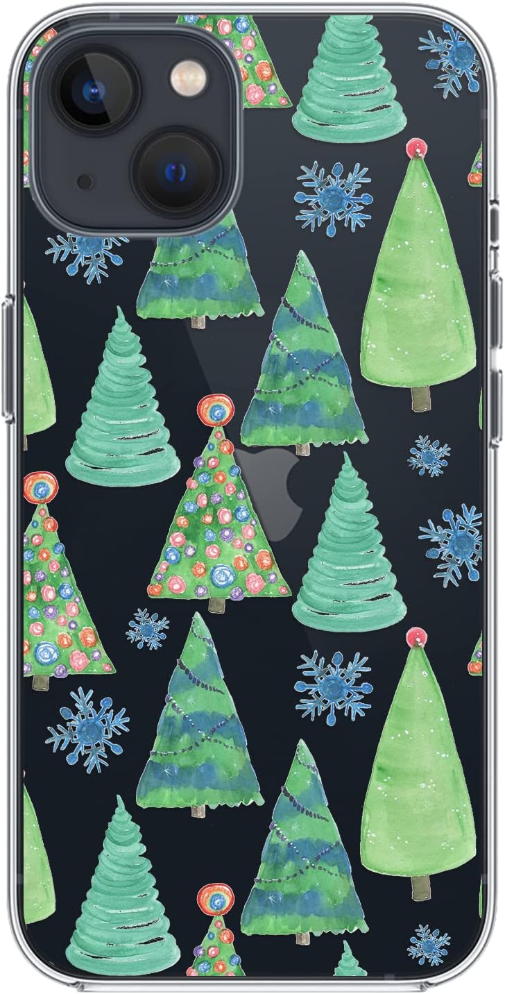 Blingy's for iPhone 13 Case (6.1 inch), Cute Winter Christmas Pattern with Snowflake Design Transparent Soft TPU Protective Clear Case (Christmas Trees)