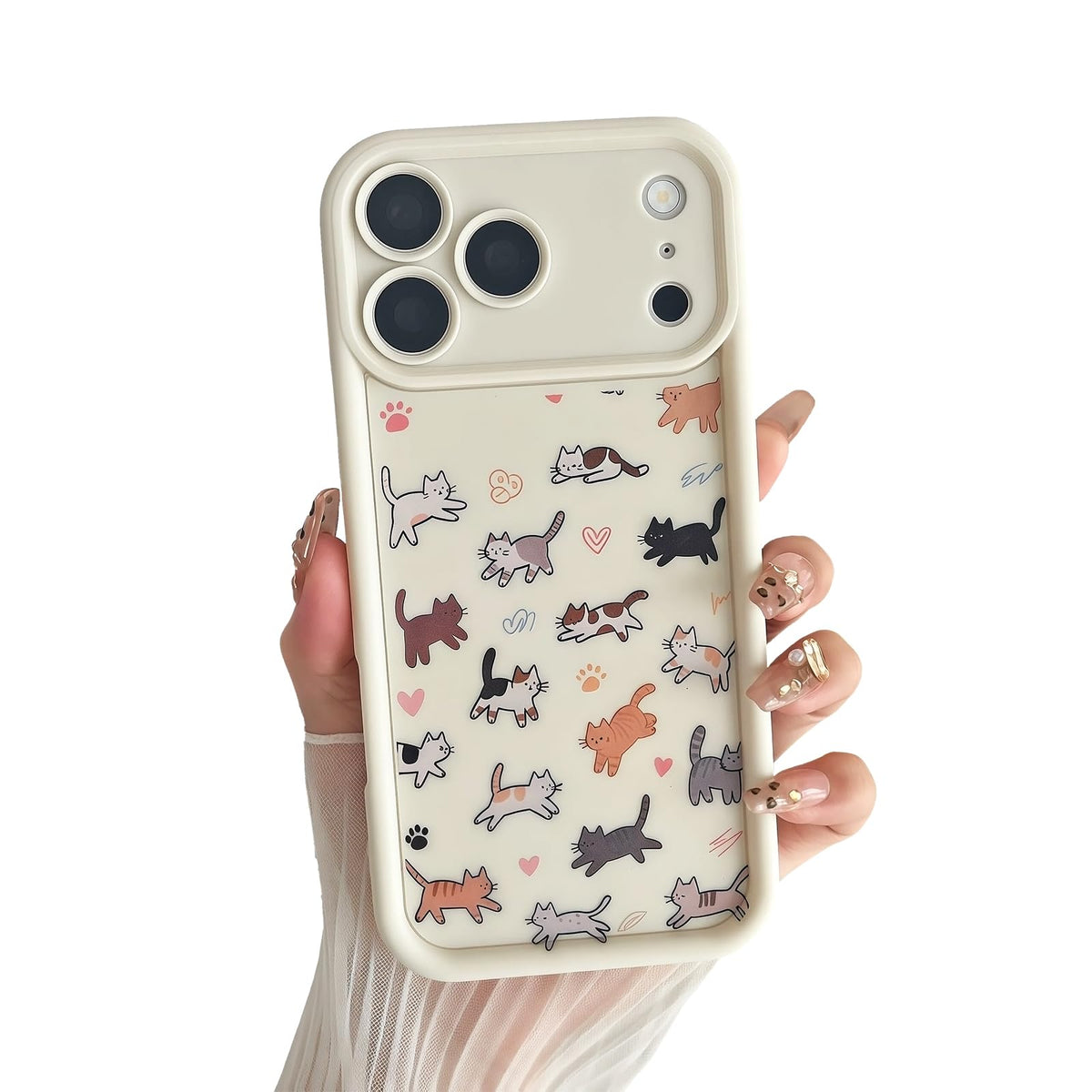 for iPhone 13 Phone Case, Cute 3D Cat Ears and Vintage Hand-Drawn Multi-Cats Heart Cartoon Pattern, with Cat Paw Buttons, Trendy Shockproof Soft Protective Phone Cover, Cat Ears