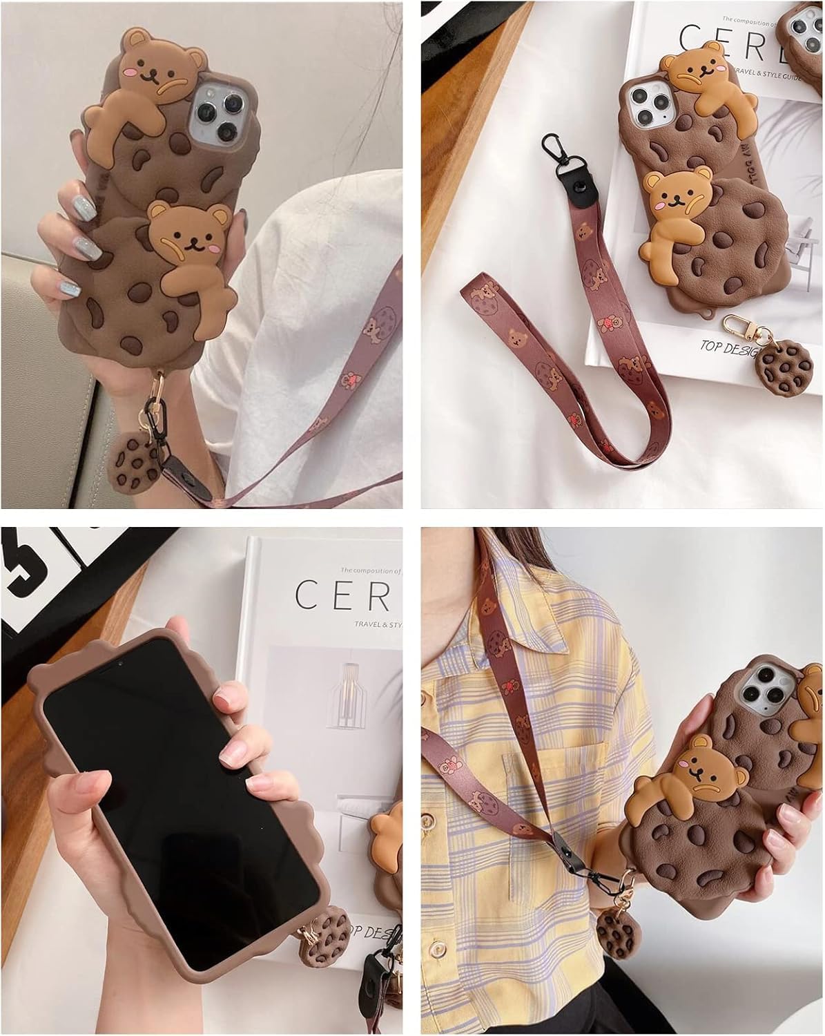 Case for iPhone 13 with Strap Lanyard Keychain Cute Bear Cookie Kawaii Funny Soft Silicone Shockproof Protective Cover for Women Girls
