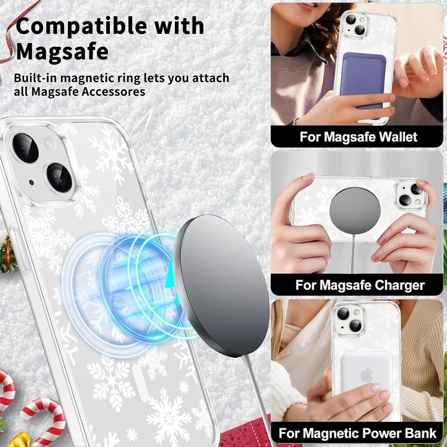Merry Christmas Snowflake Phone Case for iPhone 13 / iPhone 14 Xmas Clear Magnetic Case 6.1", Compatible with Magsafe, Cute Winter Pattern Design Cover Shockproof Soft TPU Funda for Girl Women