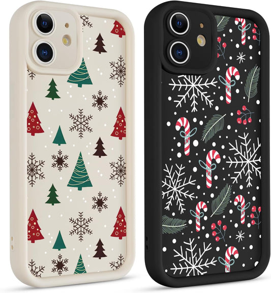 2 Pack Christmas Phone Case for iPhone 12 6.1", Cute Cover with Red Xmas Tree Candy Snowflake Pattern Full Camera Lens Shockproof Soft Silicone Cover for Girl Women