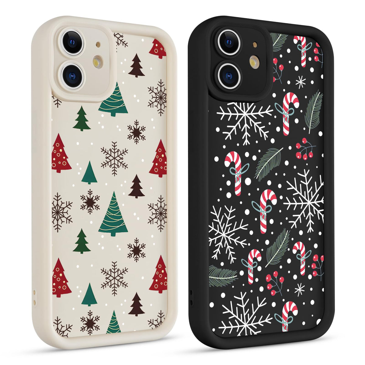 2 Pack Christmas Phone Case for iPhone 12 6.1", Cute Cover with Red Xmas Tree Candy Snowflake Pattern Full Camera Lens Shockproof Soft Silicone Cover for Girl Women