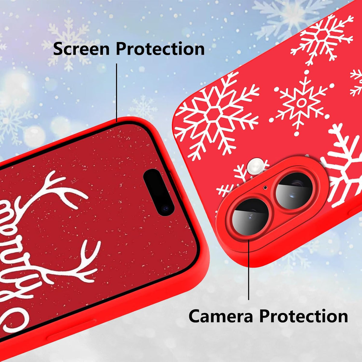 Merry Christmas Phone Case for iPhone 16 6.1，Cute Silicone Case with Xmas Tree Snowflakes, Elk Pattern，Soft Protective Shockproof Gifts for Girls Women Men Boys-Red White Snowflake