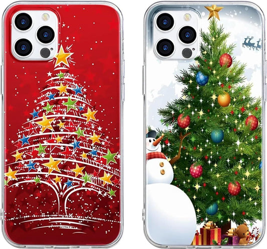 2 Pack Clear Christmas Phone Case for iPhone 13/14 6.1 inches, Holidays Christmas Trees Yellow-Resistant Protective Soft Slim Shockproof Xmas TPU Bumper Cover for Girls Woman Men