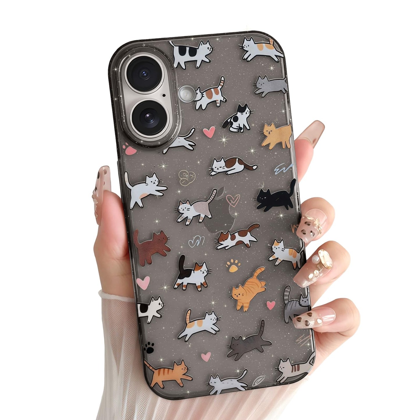 for iPhone 13 Phone Case, Cute 3D Cat Ears and Vintage Hand-Drawn Multi-Cats Heart Cartoon Pattern, with Cat Paw Buttons, Trendy Shockproof Soft Protective Phone Cover, Cat Ears