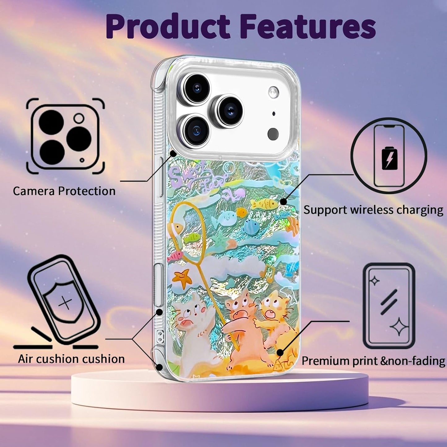 Compatible with iPhone 17 Pro Case,with [Soft Slim][Camera Protection] Cute Fishing Cats Shiny Aesthetic Phone Cover Anti-Yellowing Shockproof Protective Cover for Women Girl