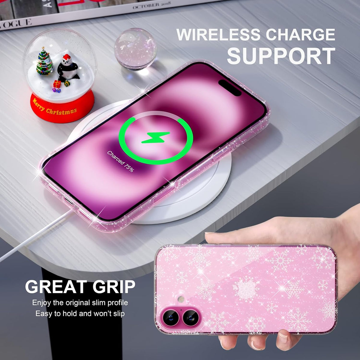 Choiche Compatible for iPhone 16 Case, Cute Glitter Sparkly Bling Christmas Phone Case, Military-Grade Drop Protection Shockproof Cover for Women Girls (Glitter Snowflake)