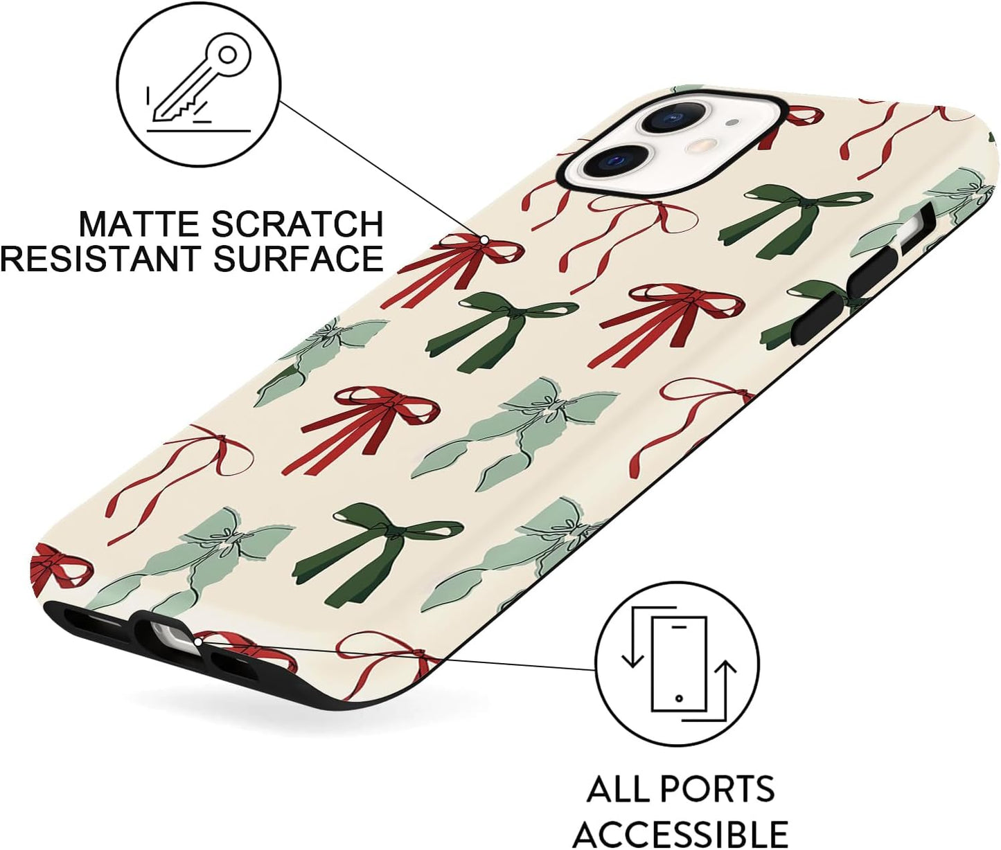 Cute Christmas Bow Phone Case for iPhone 12/12 Pro Case 6.1", Red Green Aesthetic Coquette Preppy Ribbon Bowknot Pattern Design Cover Shockproof Soft TPU Hard PC Protection Girls Women Funda