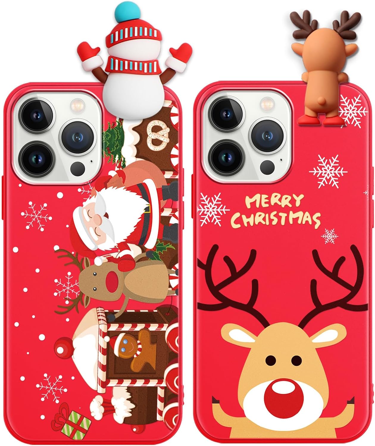 2 Pack Cute Christmas Case for iPhone 13/14",Red 3D Doll Snowman Elk Merry Christmas Pattern Soft Silicone TPU Pretty Flexible Protective Funda for Kid Girls Women