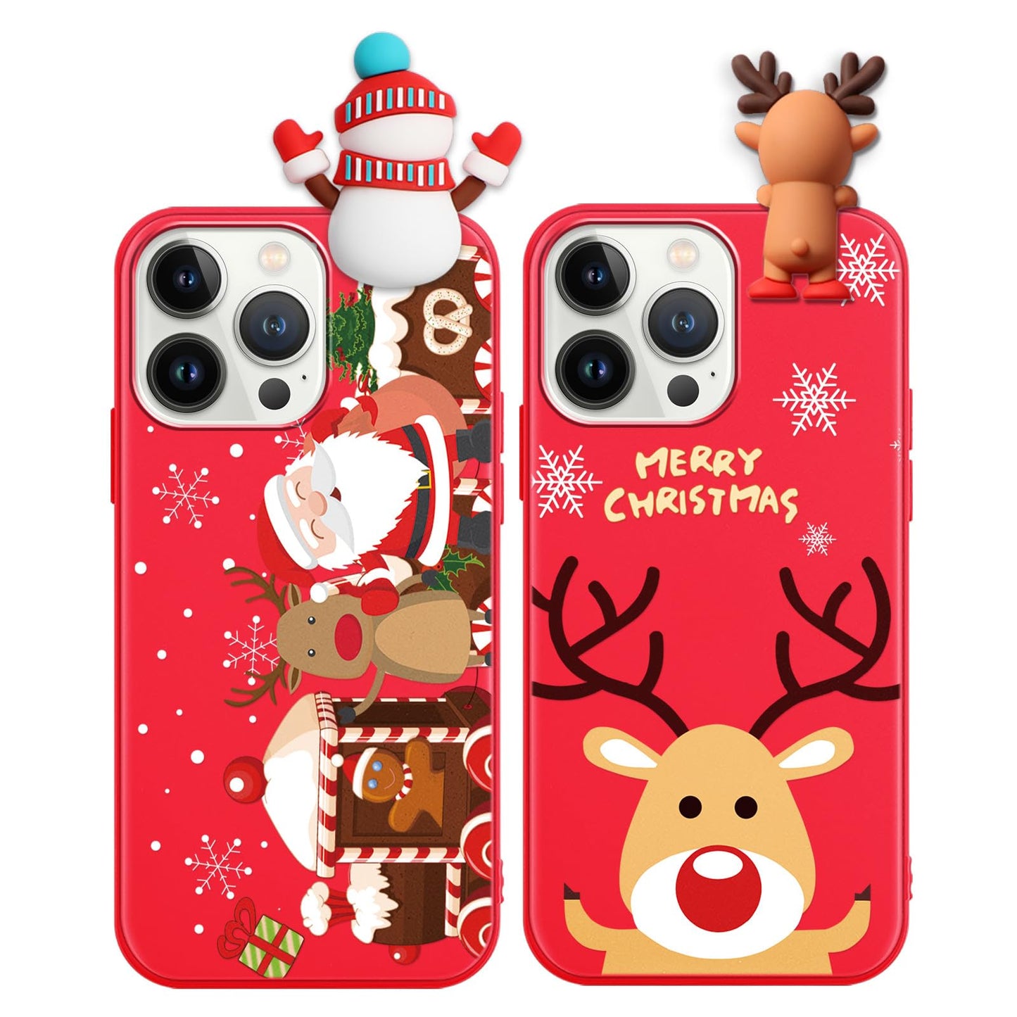 2 Pack Cute Christmas Case for iPhone 13/14",Red 3D Doll Snowman Elk Merry Christmas Pattern Soft Silicone TPU Pretty Flexible Protective Funda for Kid Girls Women