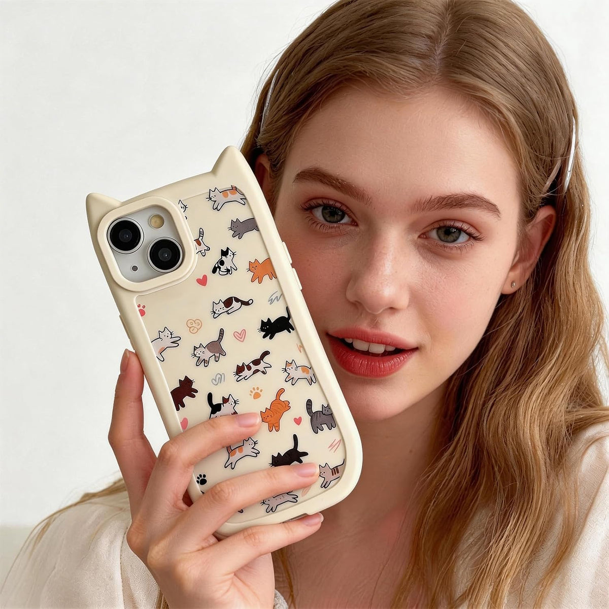 for iPhone 13 Phone Case, Cute 3D Cat Ears and Vintage Hand-Drawn Multi-Cats Heart Cartoon Pattern, with Cat Paw Buttons, Trendy Shockproof Soft Protective Phone Cover, Cat Ears