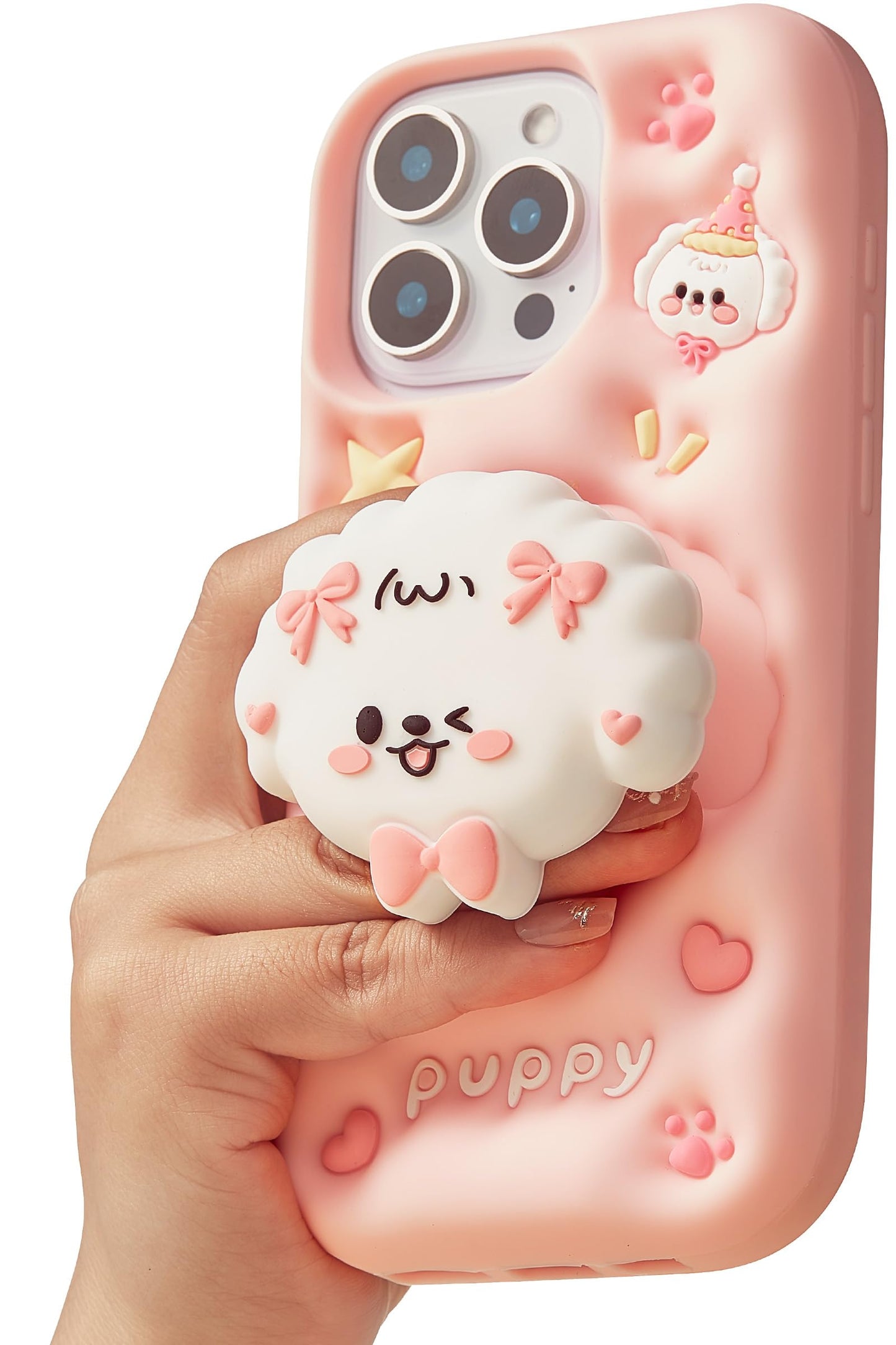 for iPhone 17 Pro Max Case, Kawaii Teddy Bear Pop-Up Grip for Girls | Makes Mirror Selfies Sweeter, Cute Girly 3D Animal Style with Stand, Soft Silicone Drop Protection