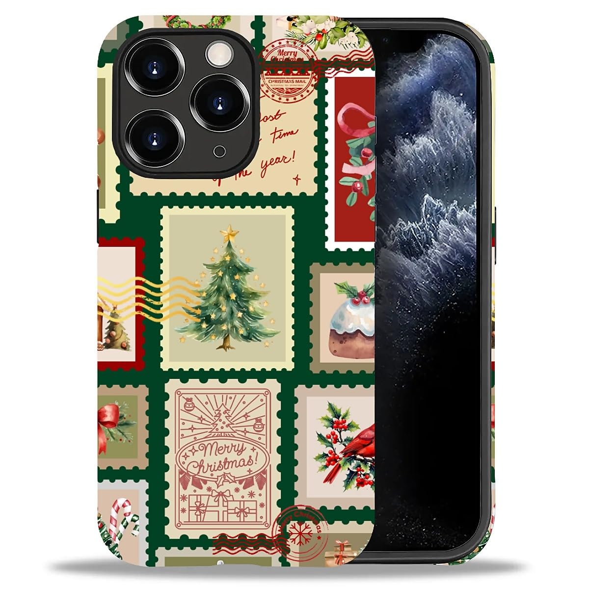 Case for iPhone 17,Drop Protection Hybrid 2-Layer Hard Phone Cover-Vintage Christmas Stamps Collage
