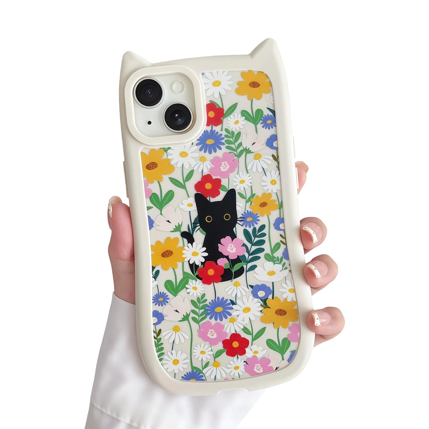 for iPhone 13 Phone Case, Cute 3D Cat Ears and Vintage Hand-Drawn Multi-Cats Heart Cartoon Pattern, with Cat Paw Buttons, Trendy Shockproof Soft Protective Phone Cover, Cat Ears