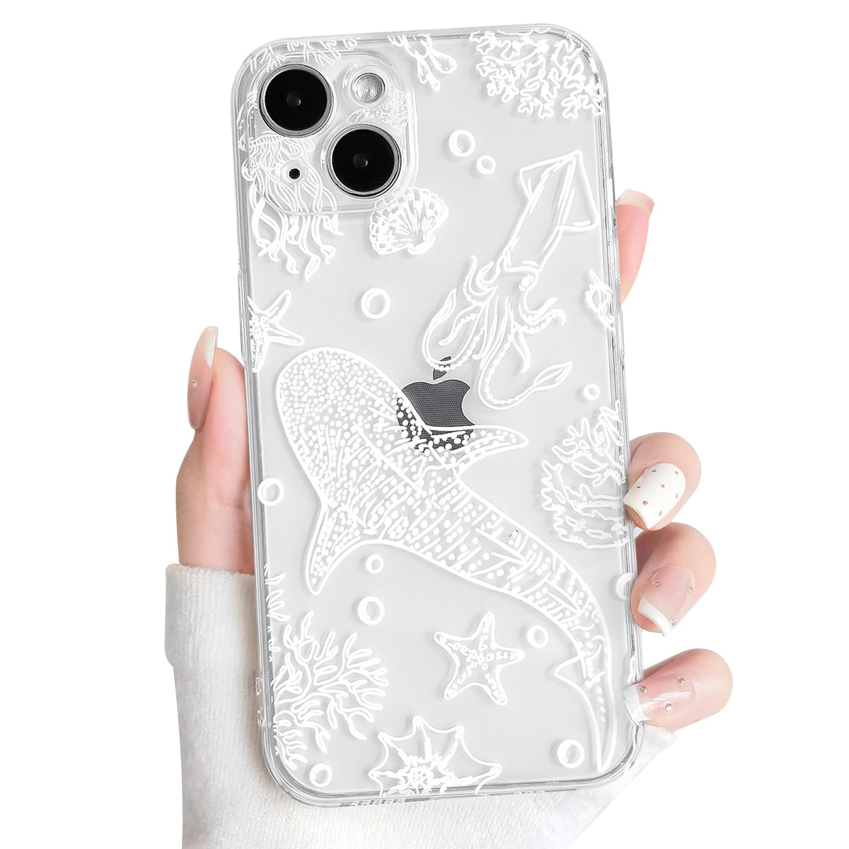NITITOP Compatible with iPhone 16 Case Clear Sea - White Fish | Cute, Shell whale ocean animal, For women men girls boys, Slim, Soft TPU, Shockproof
