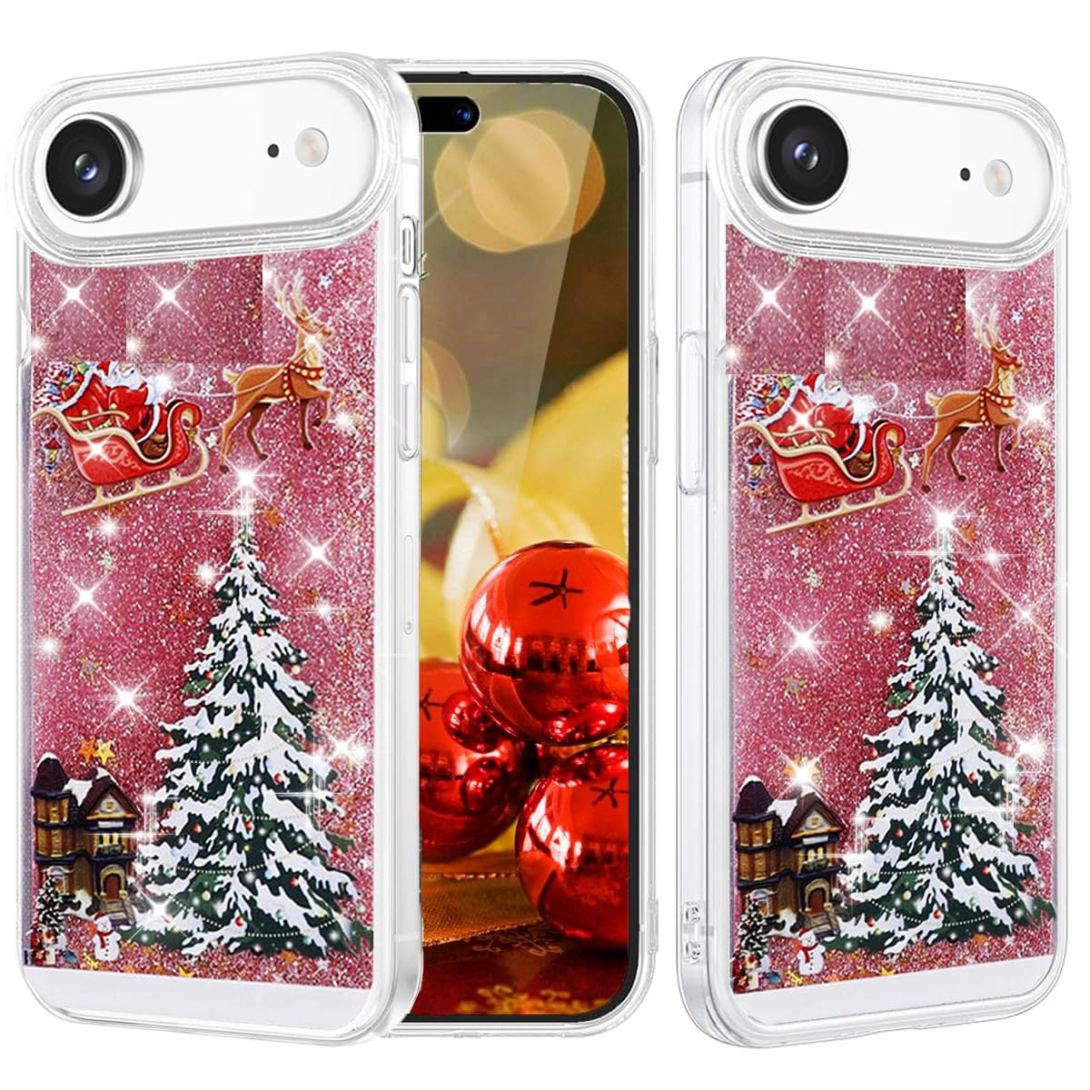 Changjia Glitter Christmas Case for iPhone 17, Cute Christmas Tree Santa Elk Liquid Flowing Floating Moving Bling Sparkle Clear Bumper Shockproof Women Girls Slim Phone Case for iPhone 17 6.3", Silver
